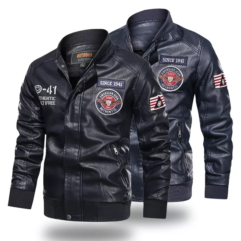 

NEW IN Jacket Men Baseball Jacket Embroidered Pu Coats Men's Faux Bomber Pilot Fleece Jacket Man Stand Collar Biker Jacket C