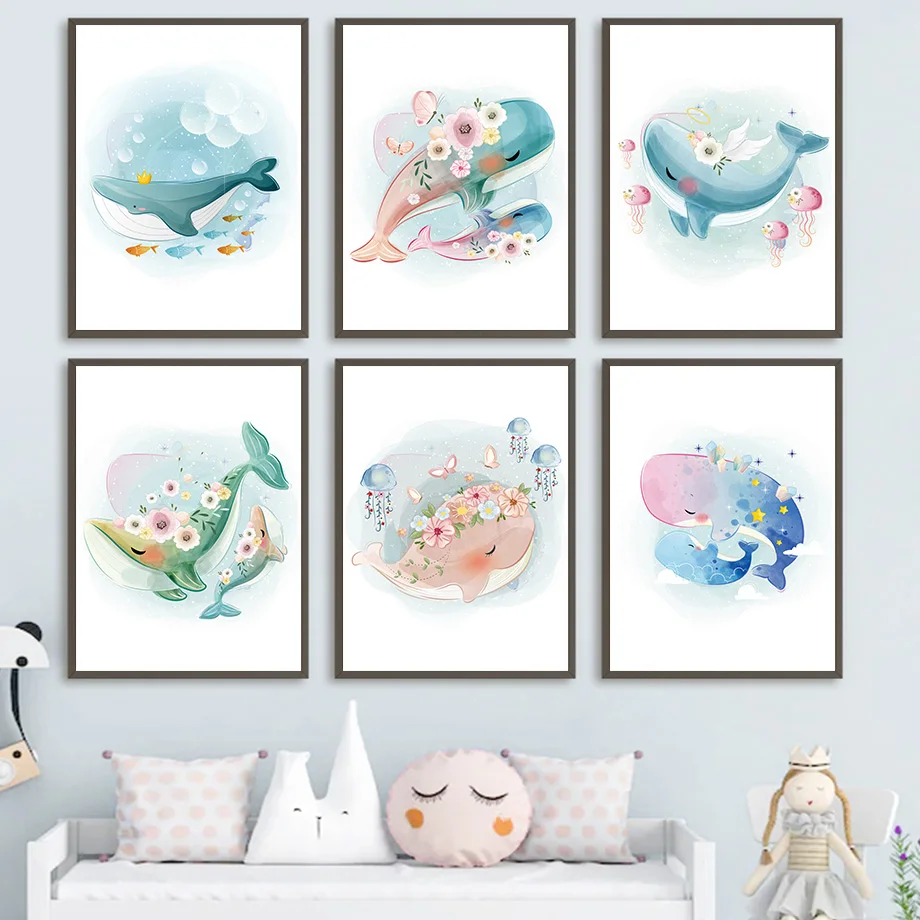 

Cute Family Whale Dolphin Baby Sea Animals Wall Art Canvas Painting Nordic Posters and Prints Wall Pictures for Kids Room Decor