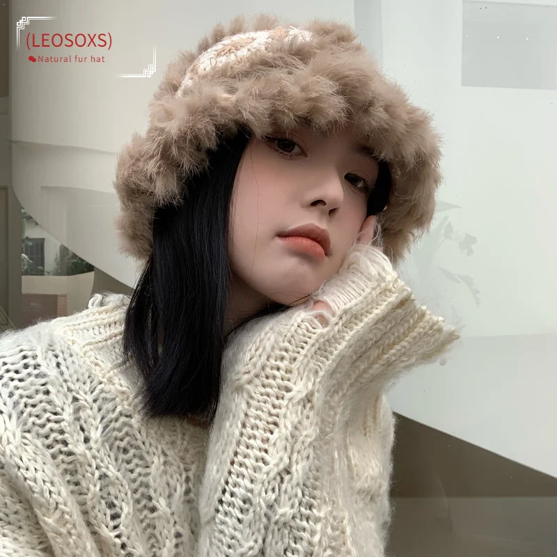 

2021 Handmade Hook Flower 100% Natural Fur Hats Knitted Warm Genuine Mink Fur Cap Russian Women Luxury Panama Fur Hat Wool Kpop