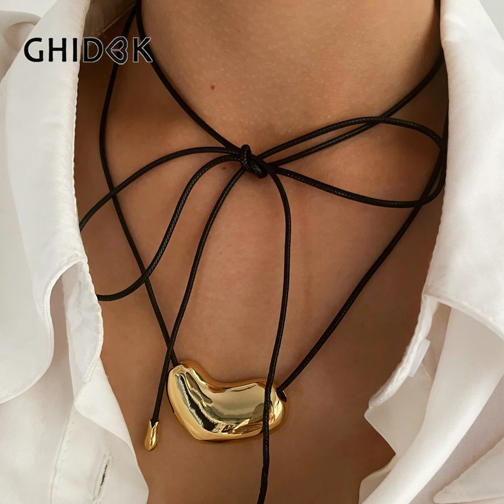 Фото GHIDBK модная черная кожаная веревка нерегулярное ожерелье с подвеской в виде пухкого сердца для женщин гот металл медь регулируемые ювелирные изделия вечерние №1