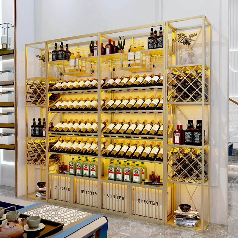 

Shelf Display Bottles Wine Racks Storage Metal Modern Floor Commercial Gold Wine Cabinet Tall Vertical Weinregal Bar Furniture