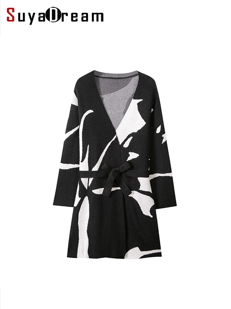 

SuyaDream, Women Long Cardigans, 50%Wool, Open Stitch Loose Sweaters, 2023 Fall Winter Office Lady Elegant Jackets, Black White