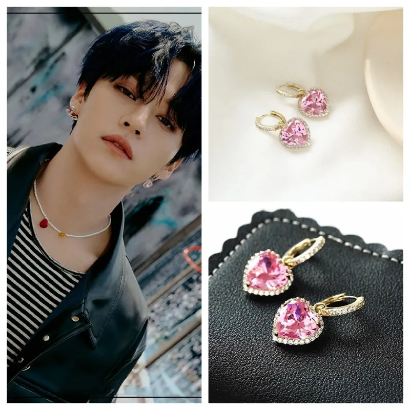 

2022 Korean Wave New Lee Know Same Pink Love Zircon Earrings Fashion Trend Women Accessories Luxury Wedding Jewelry Couple Gift