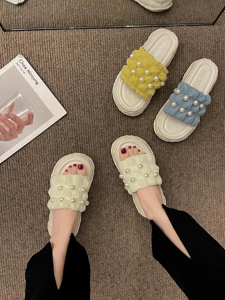 

Шлепанцы женские с бусинами, Сланцы на платформе, роскошные римские тапки из искусственной кожи, на плоской резиновой подошве, на ремешке, м...