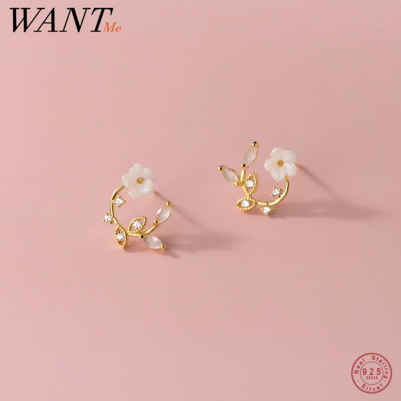

WANTME 925 Sterling Silver Romantic Sweet Shell Pink Zircon Flower Stud Earrings for Women Fashion Korean Teen Party Jewelry