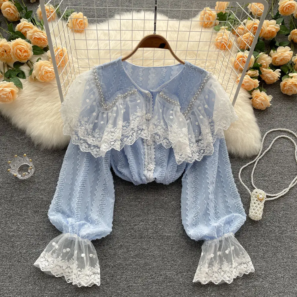 

Женская шифоновая блузка с цветочной вышивкой и кружевом, с воротником «Питер Пэн», кардиган с бисером, однобортные топы, блузы