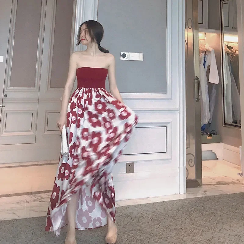 

2022 summer vacation elegant long skirt open back leak collarbone sexy tube top skirt beach seaside high waist slim dress
