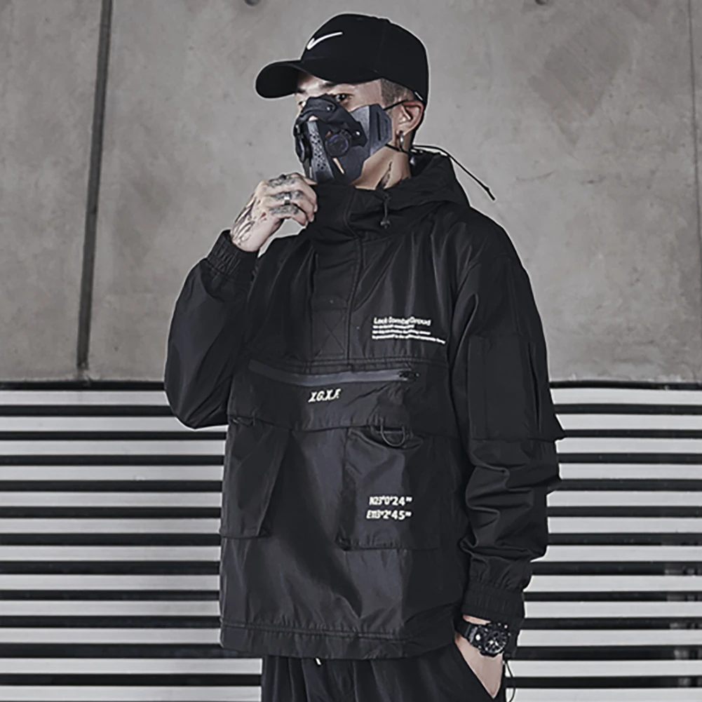 

2022 New Men's Black Multi Pocket Top Fashion Casual Hooded Windbreaker Jacket Men