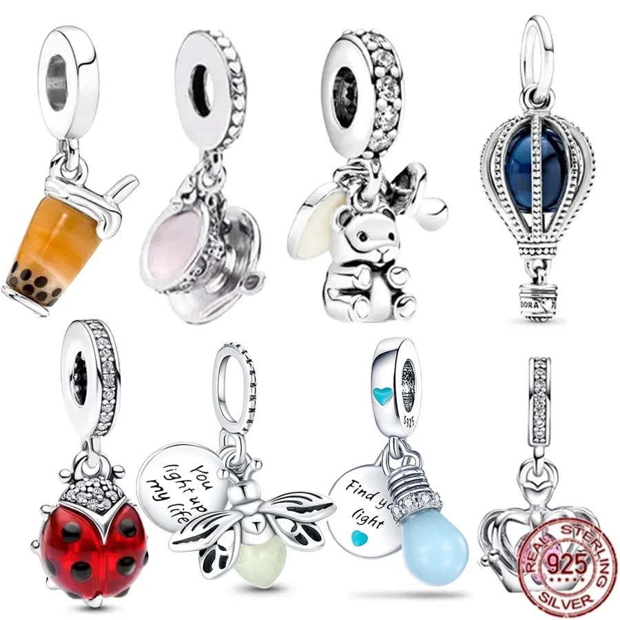 

NEW 925 Sterling Silver Firefly Balloon Bubble Tea & Teddy Dangle Bear Charm Bead Fit Original Pandora Bracelet DIY Jewelry Gift