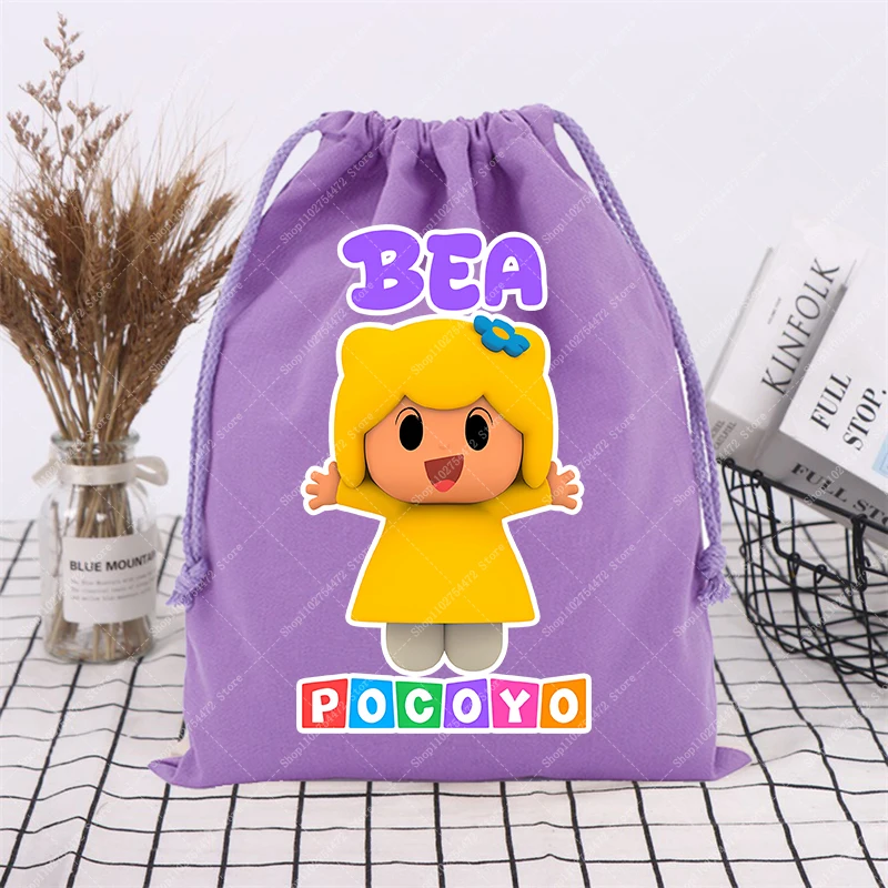 Фото Детская сумка-мешок с мультяшным принтом Pocoyo, хлопковая, на шнурке, для мальчиков и девочек, модная повседневная сумка для хранения, подарок 2026 №5