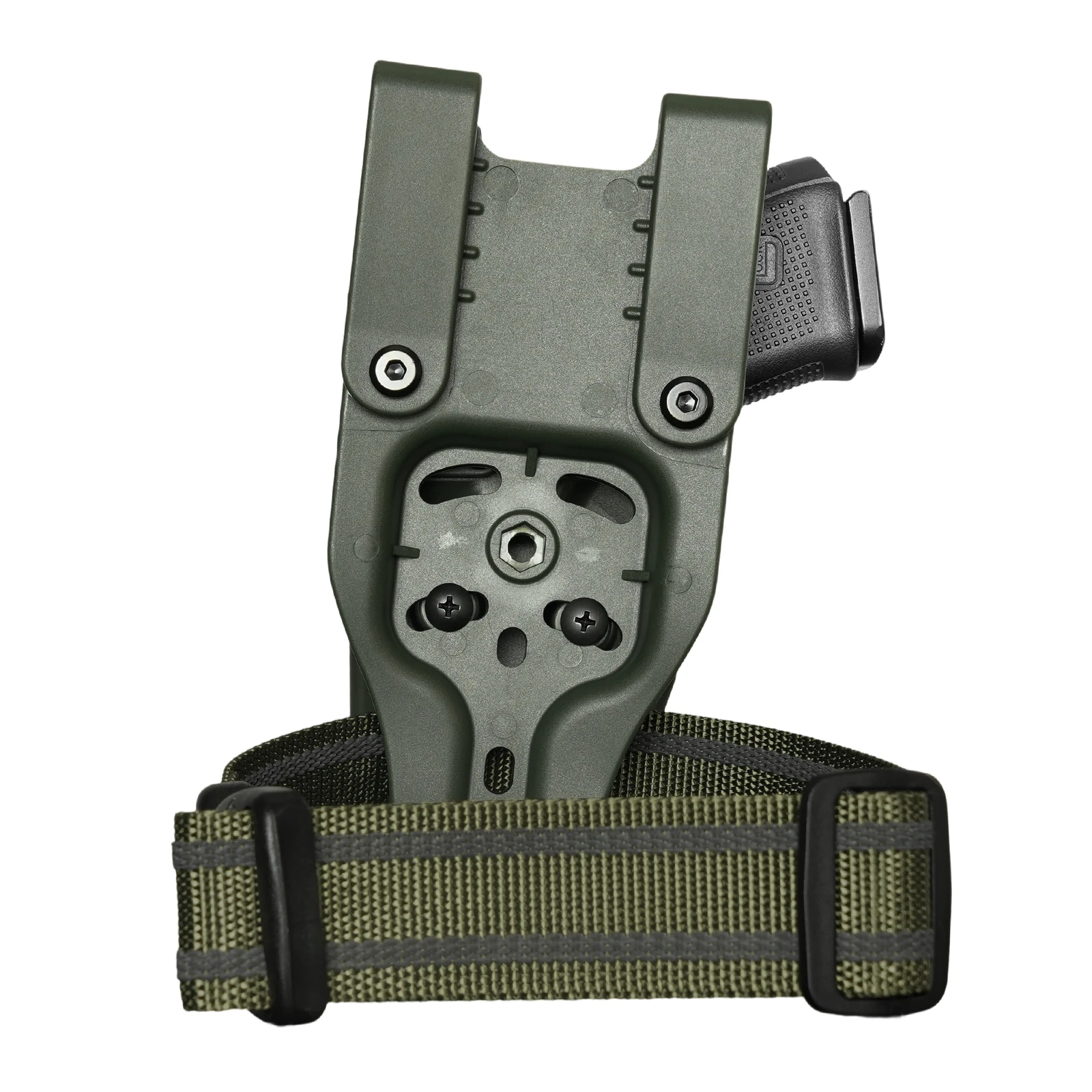 Фото Для Glock 17/19/19x/23/31/32/45 (1-5 поколений), G22 (1-4 поколения), уровень защиты III, кобура OWB, зеленая кобура, замок, поясная сумка, полимерный ремень с фиксацией. №5