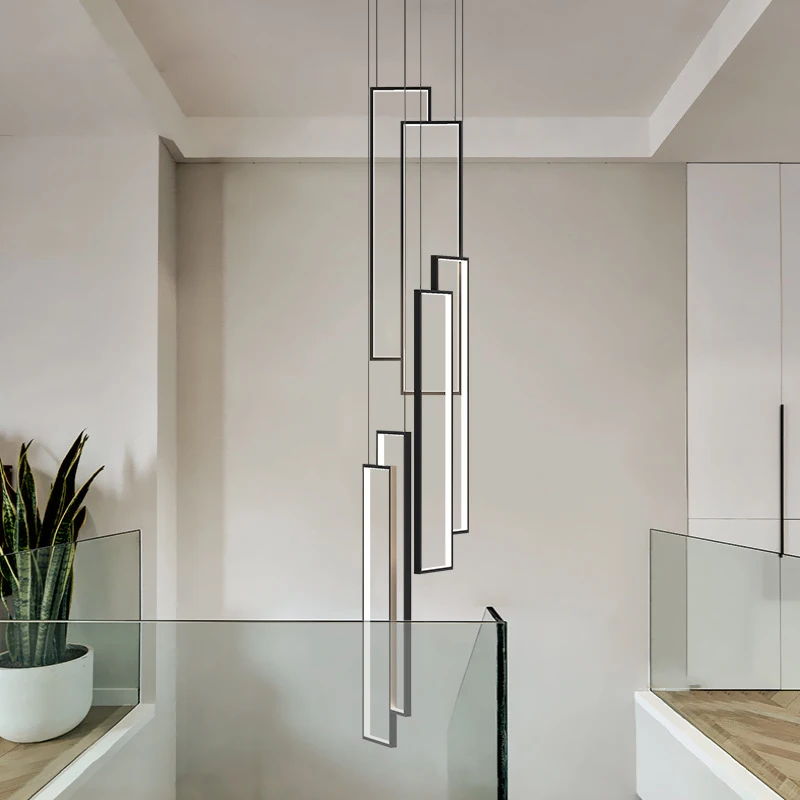 

Modern Led Chandeliers Black Rectangle Pendant Lighting Living Room Decoration Luminaire Stair Loft Kitchen Hanging Lamp Fixture