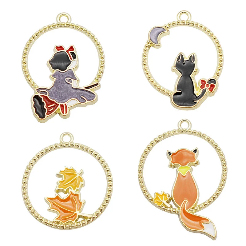 

Julie Wang 4PCS Enamel Round Charms Alloy Hollow Magical Girl Cat Fox Maple Leaf Pendant Bracelet Jewelry Making Accessory