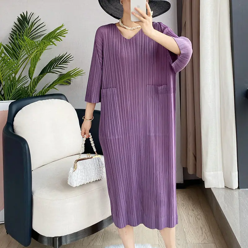

Women Dress pleats V-neck seven-point sleeve dress female summer and autumn long 2021 new sold color fashion pocket lady dress