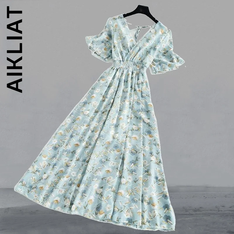

Aikliat V-neck High Waist Floral Print Beach Midi Dresses Stylish Robe All-Match Female Clothing Vestidos