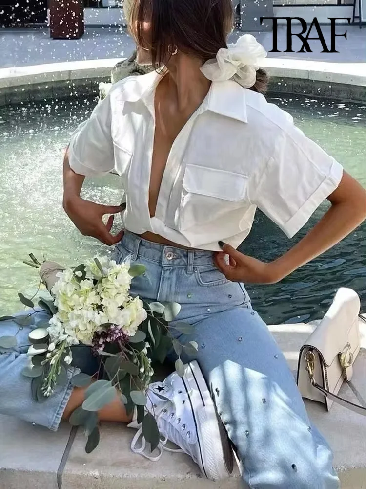 Блузка женская льняная эластичная с бантом спереди коротким рукавом и карманами