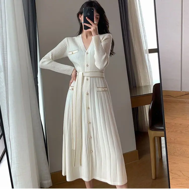 2023 New Autumn Winter Women Korean Elegant Casual O Neck High Waist Single Breasted Solid A Line Knitted Dress Tops X21