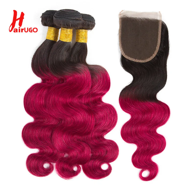 HairUGo Brazilian Dark Root Burgundy Bundles With Closure 1B/BURG Body Wave Lace Closure With Human Hair Bundles Remy Hair Weave