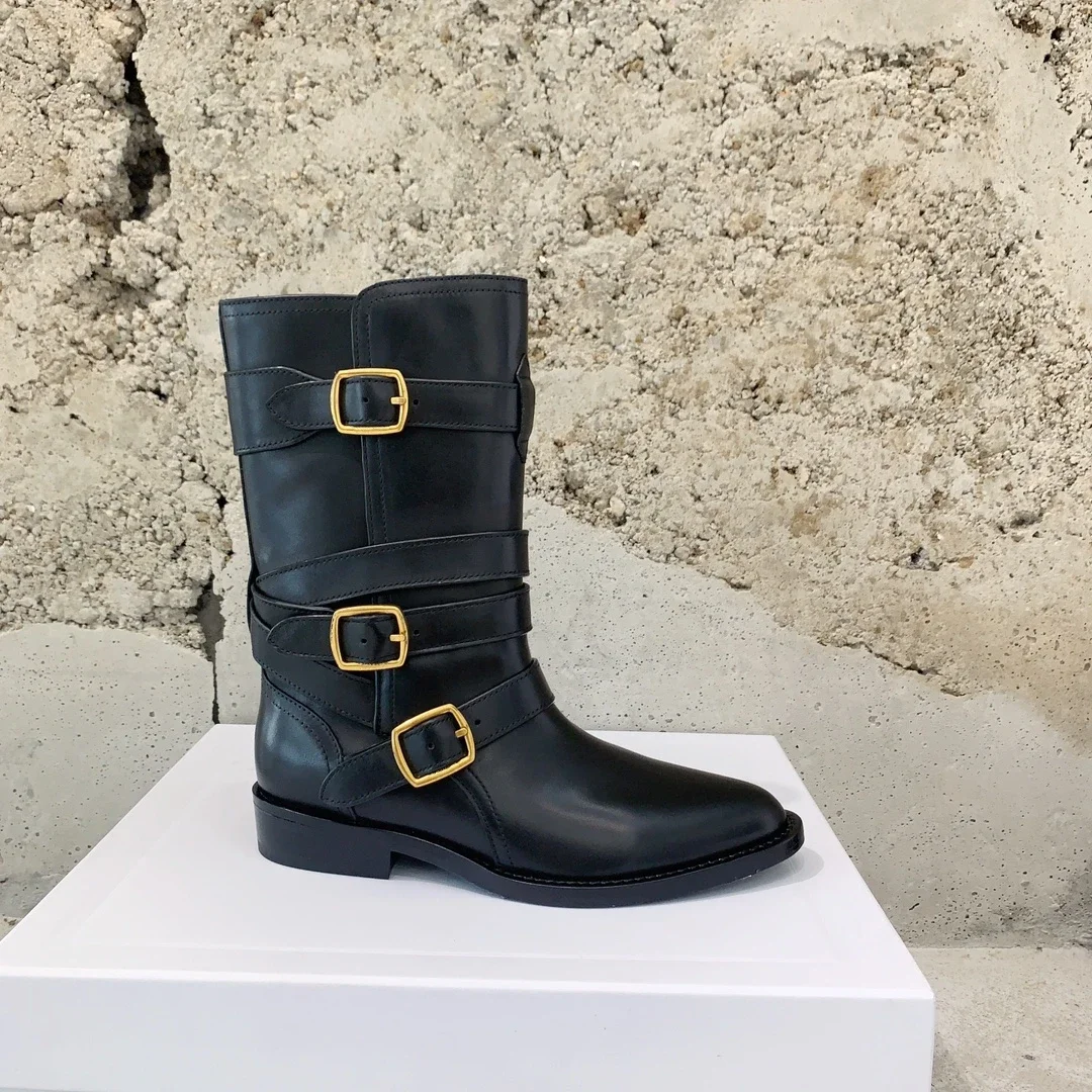 

Женские ботинки из натуральной кожи, на низком каблуке, до середины икры