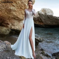 chiffon beach lace o neck wedding dress illusion long sleeve appliques high slit bridal gowns robe de mari%c3%a9e boh%c3%a8me sweep train
