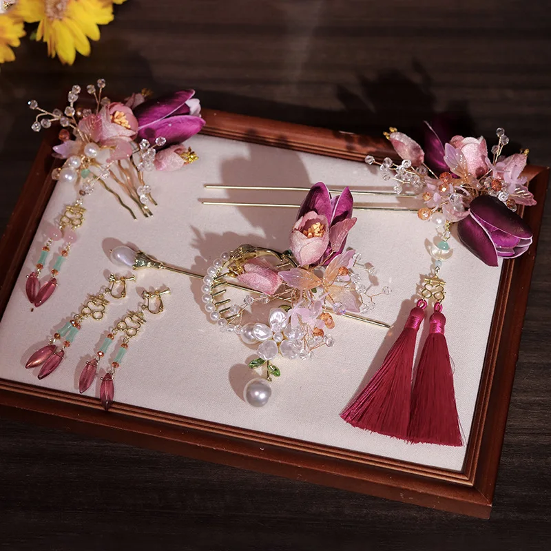 

Невеста старинные свадебные цветы длинные фотообои новый китайский костюм аксессуары для волос свадебный комплект головных уборов