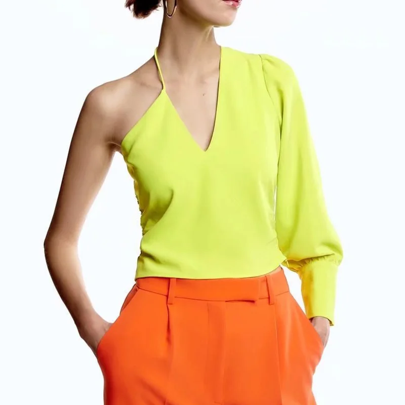 

Summer 2022 Women Fashion Fluorescent Green Asymmetrical Blouse Long Sleeve V Neck Shirt Female All-match Tops BB22528