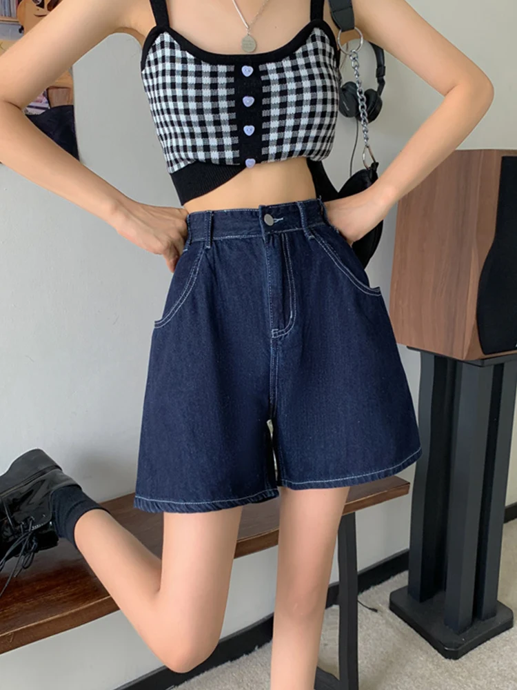 New Summer Women Wide Leg Straight Blue Denim Shorts Streetwear Female High Waist Button Loose Jeans Shorts Bottoms