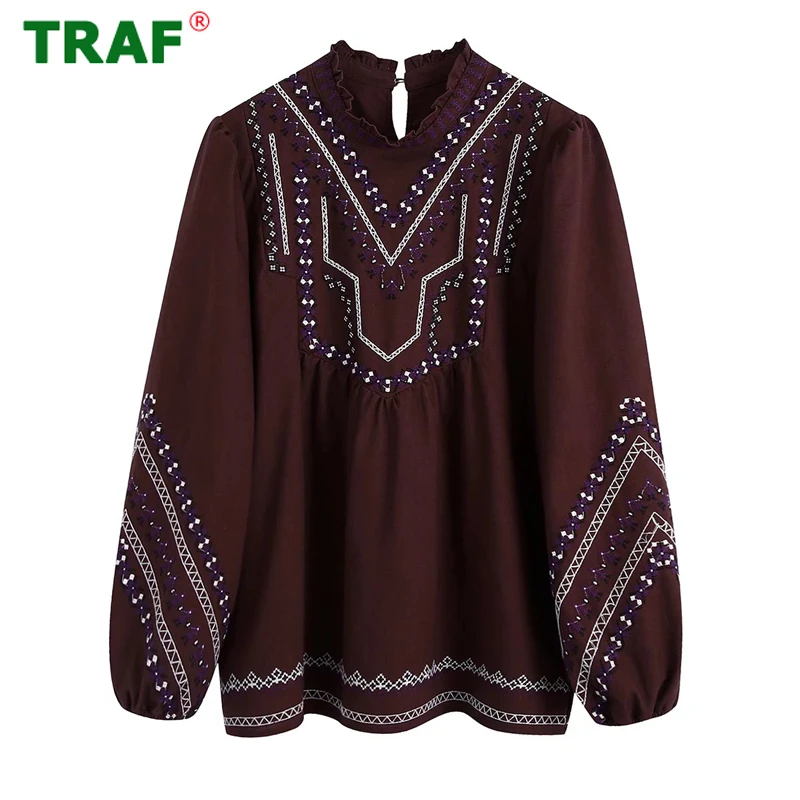 

TRAF Zar Brown Embroidery Blouses Women Summer High Collar Women Shirts Long Sleeve Loose Top Female Elegant Streetwear Blouses