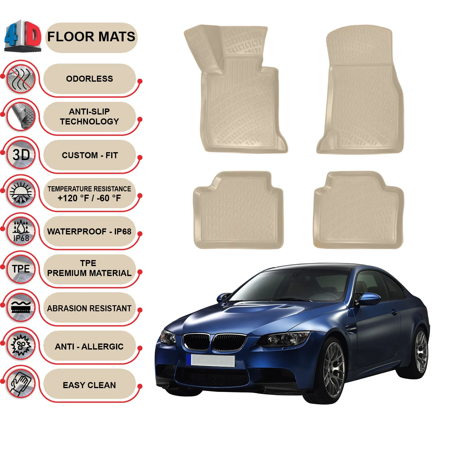 

BMW 3E46- (1997-2004) Коврики для пола, водонепроницаемые 3D-(бежевый)
