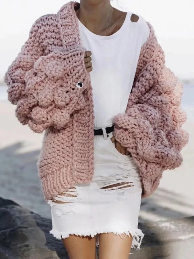Fitshinling Bohemian Puff Sleeve Cardigan Sweater Women Knitwear Winter Coat 9 Colors Solid Slim Fashion Cardigans For Women