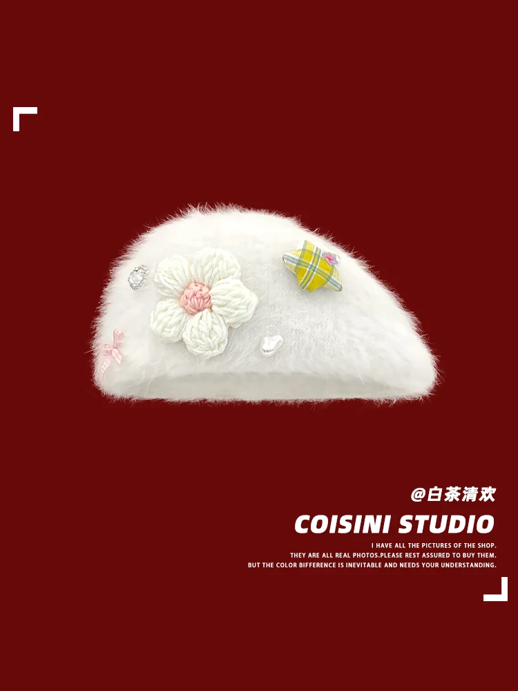 Новинка 2024 милая шапка с имитацией кроличьего меха и цветами модная