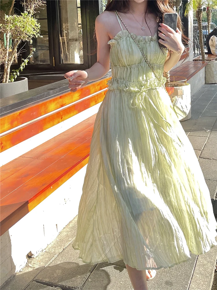 

Vintage Sweet Strap Evening Midi Dress for Women Elegant Party Female Fairy Beach Bodycon Dress Korean Fashion Summer 2023 Green