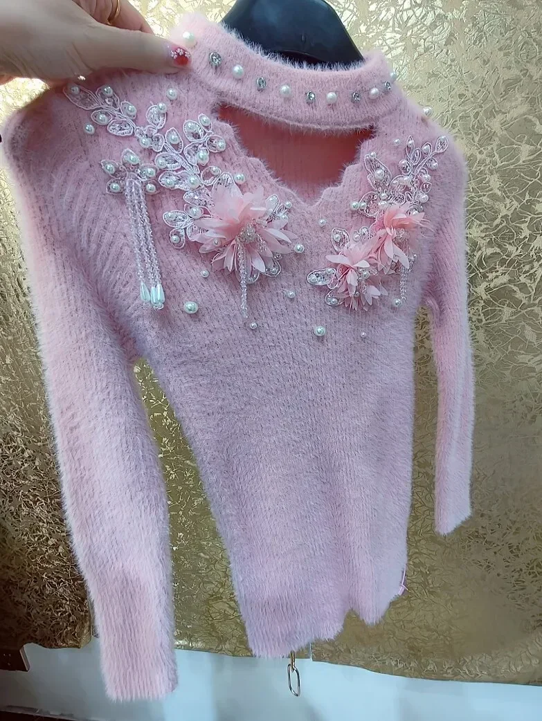 Свитер женский в китайском стиле милый розовый утолщенный Блестящий пуловер из