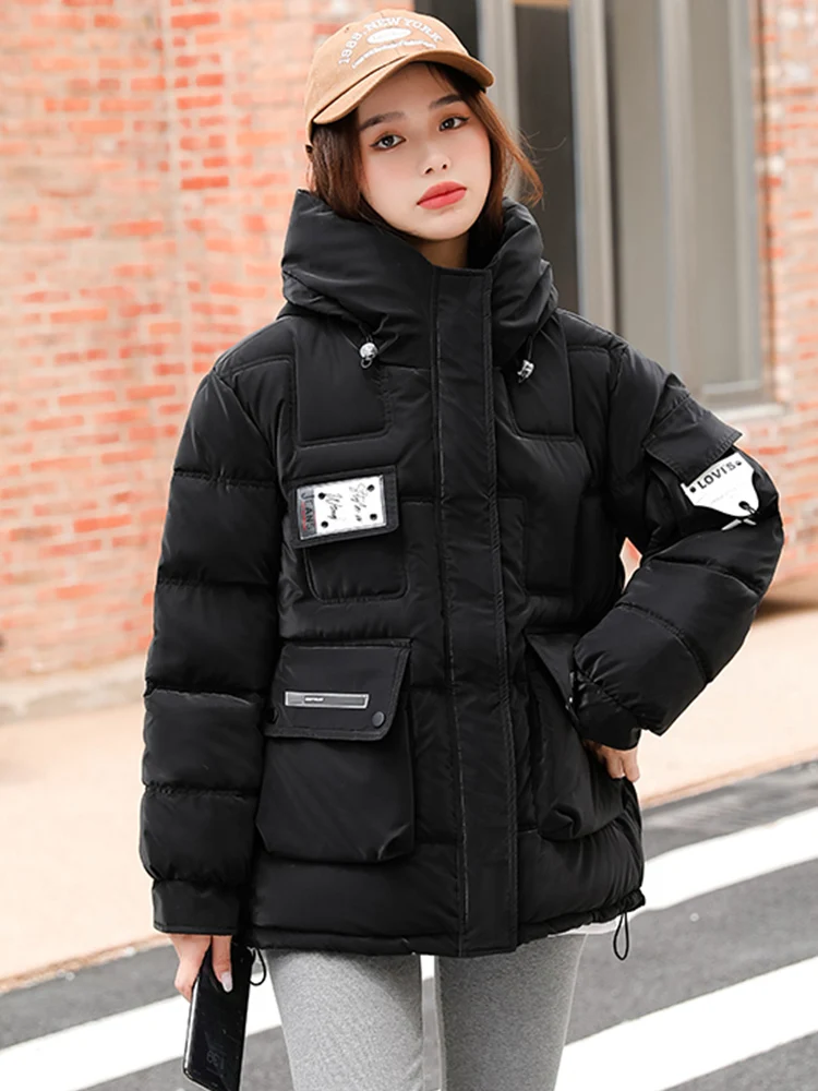 

2022 High Quality Women Winter Parka Hooded Warm Thicken Oversize Loose Female Ladies Coat Padded Jacket Solid Black White