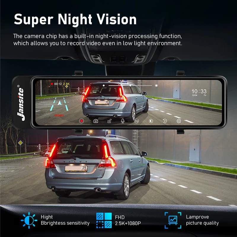 $77.69 Jansite 10.88 inch Dual Lens Dash Cam Video Recorder 2.5K+1080P Touch Screen Rear View Camera Mirror Car Camera Night Vision