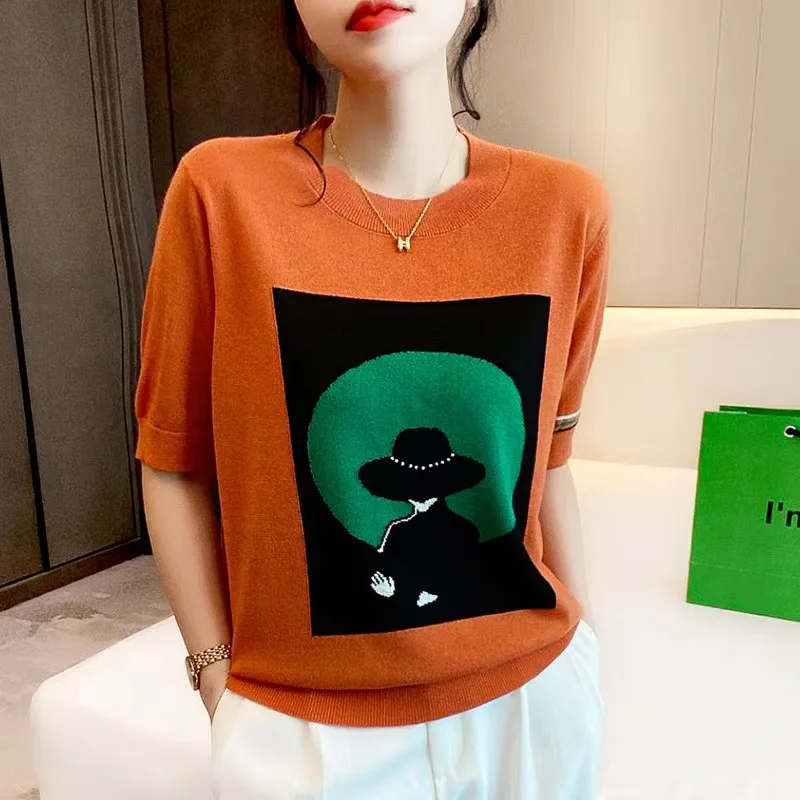 

2023 Summer Thin Knitted Tops Women Short Sleeve T Shirt O Neck Tshirts Female Casual Loose Korean Woman Clothes Tee Shirt Femme