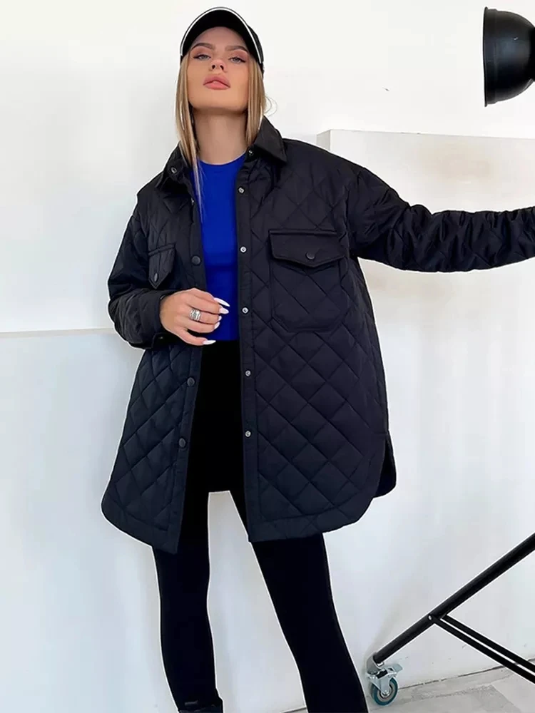 Women's Winter Padded Jacket Fashion Warm Loose Casual Coats Lapel Single-breasted Outwear Ladies Elegant Quilted Jackets Belt