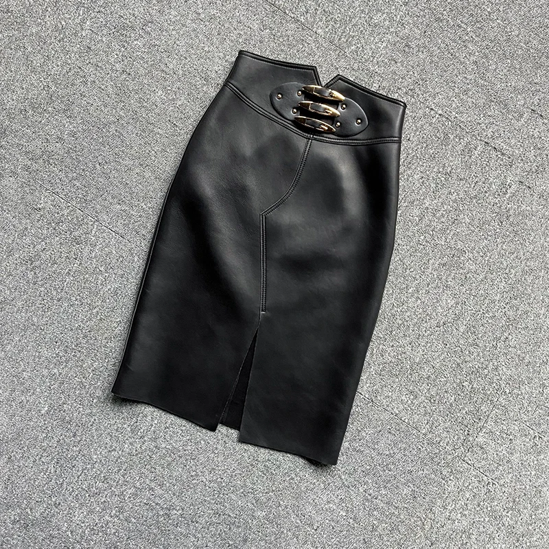 

Women's Genuine Leather Skirt Female Spring/Autumn Sheepskin High Waist Slit Wrap Hip Jupe Light Familiar Style Slim Saia Midi