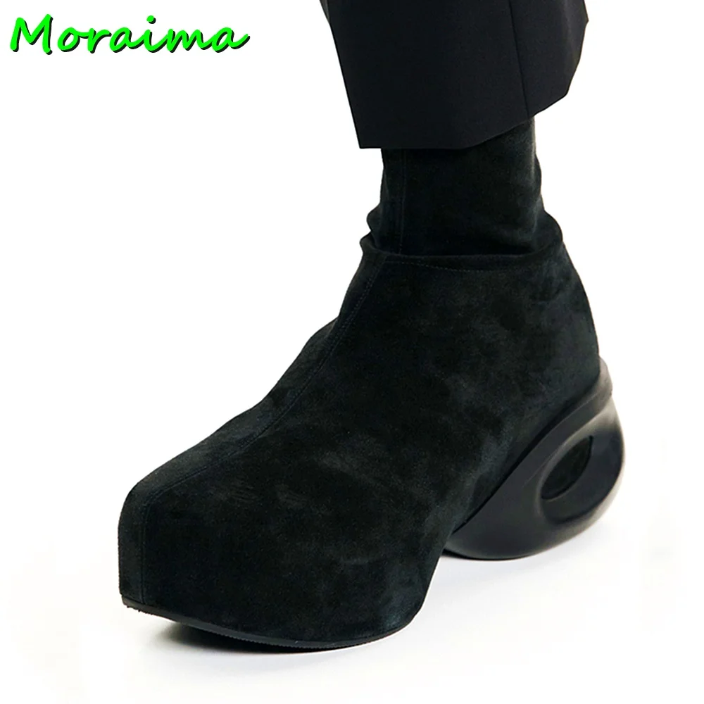 Platform Round Toe Elastic Ankle Boots Chunky Heel Side Zipper Green Solid Suede Leather Women Fashion Short Boots New Arrival