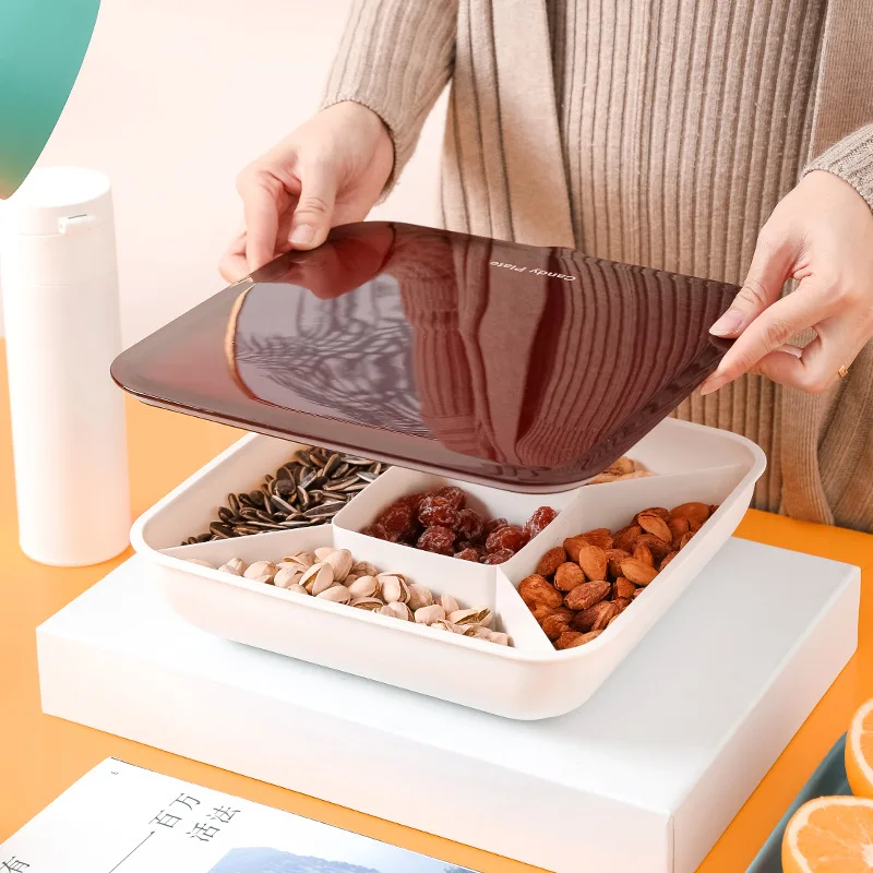 

Nordic Light Luxury Fruit Plate Home Living Room Creative Compartment with Lid Dried Fruit Box Candy Fruit Nut Snack Storage Box