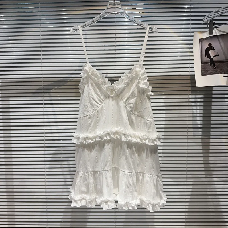 

BORVEMAYS Летние Элегантные Майки белые с оборками с V-образным вырезом без рукавов однотонные универсальные темпераментные майки для женщин 2023 WZ2781