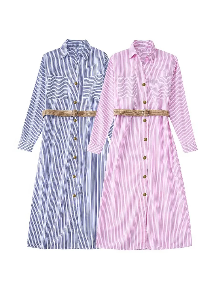

Summer 2022 Women's Chic Chic Lapel Single Breasted Linen Blend Belted Long Sleeve Dress Retro Casual Shirt-style MIDI Dress1