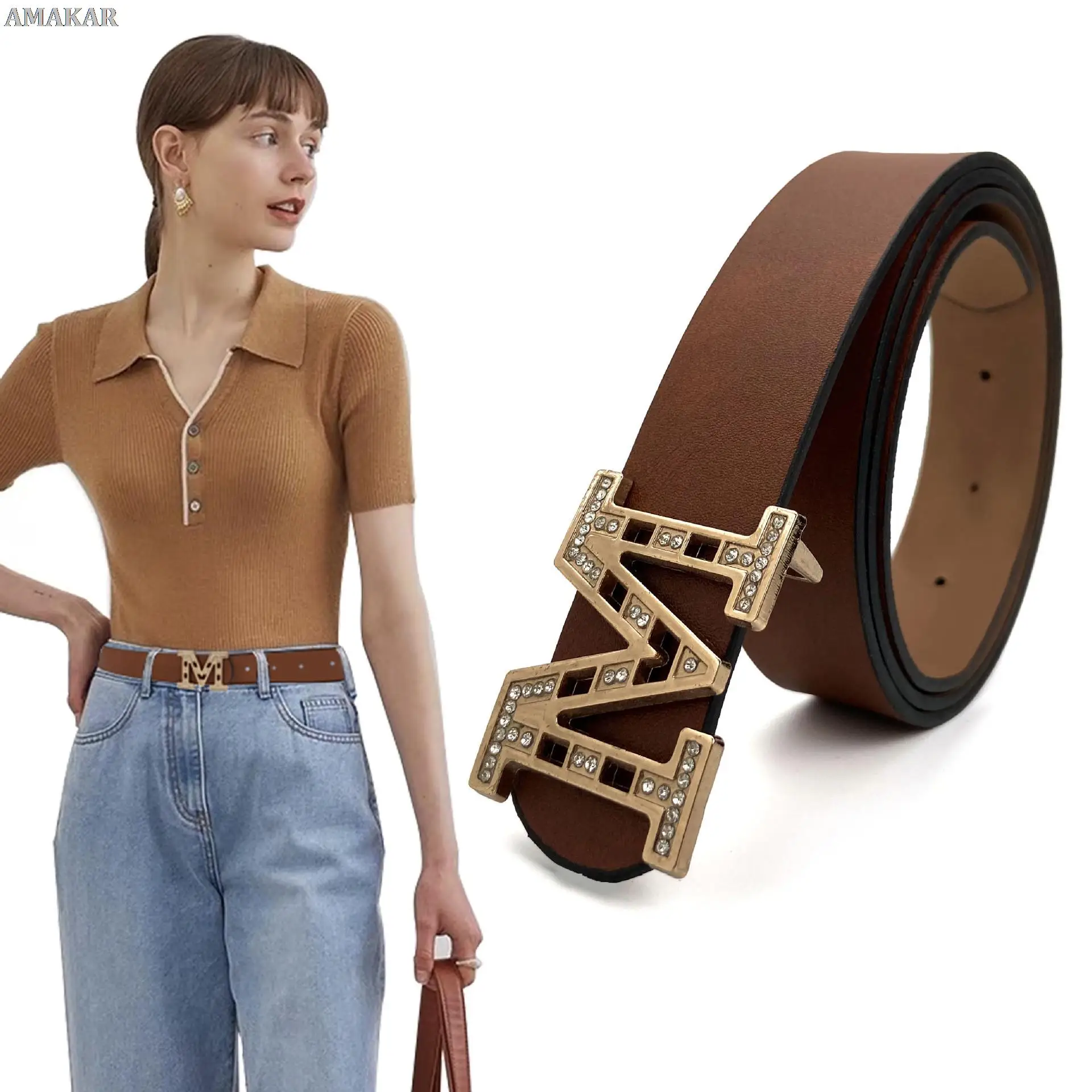 

Female Luxury Leather Gold Diamond Thin Belt Jeans Dress Suit Retro Fashion High Quality Designer Brand Belts For Women Cowboy
