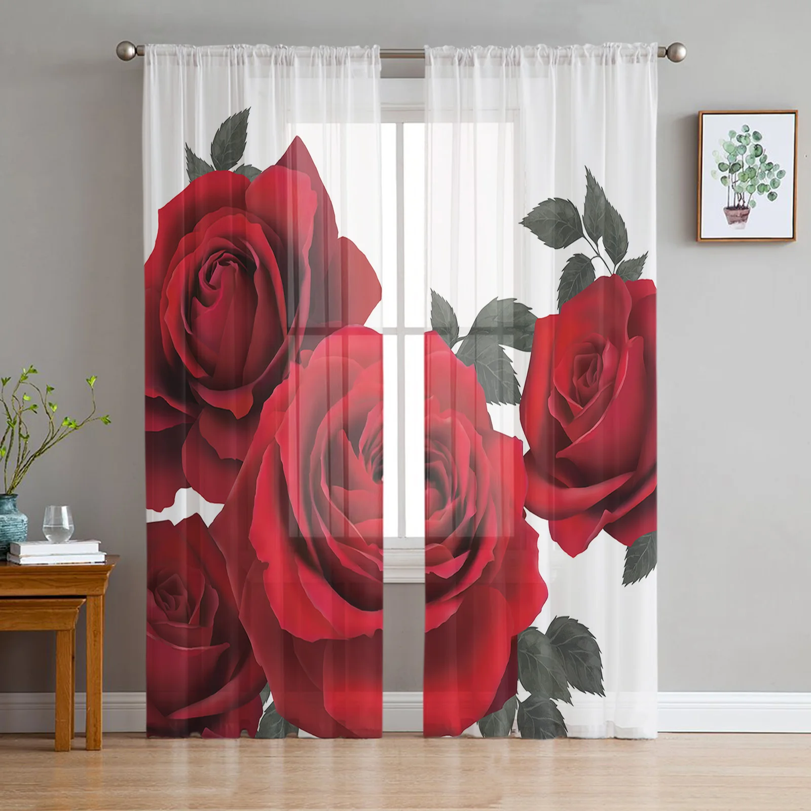 

Rose Flower Red White Background Sheer Curtain For Living Room Bedroom Voile Drape Kitchen Window Tulle Curtains Home Essentials