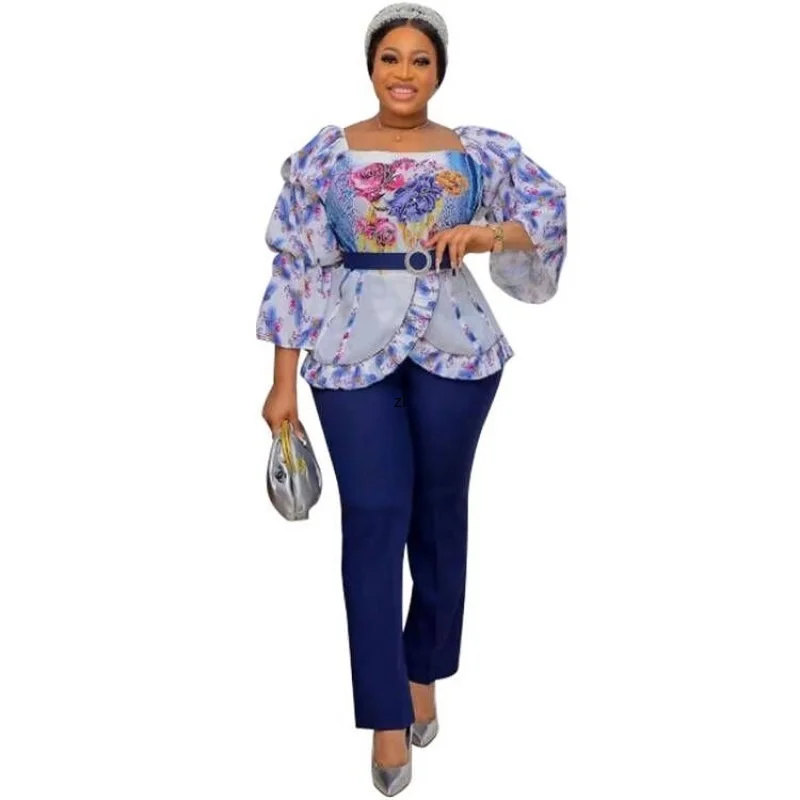 

2 Piece Set African Clothes For Women Puff Sleeve Africa Kanga Clothing Summer New Floral Print Traditional African OL Pant Suit