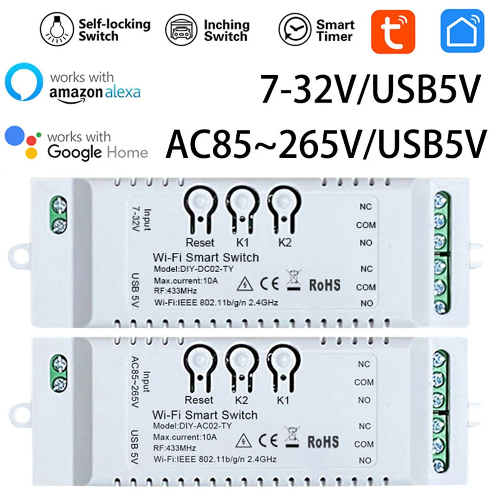 

Умный релейный модуль Tuya, 7-32 В/85-265 в, 2 канала, 433 МГц
