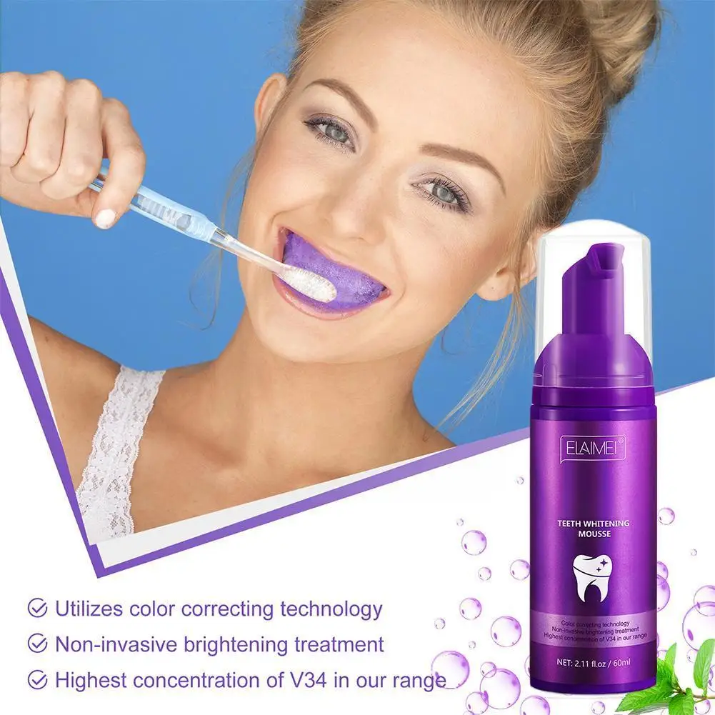 

60ml Teeth Whitening Mousse Teeth Plaque Remove Effectively Stain Yellow Fresh Breath Dental Smoke Cle Z9D8