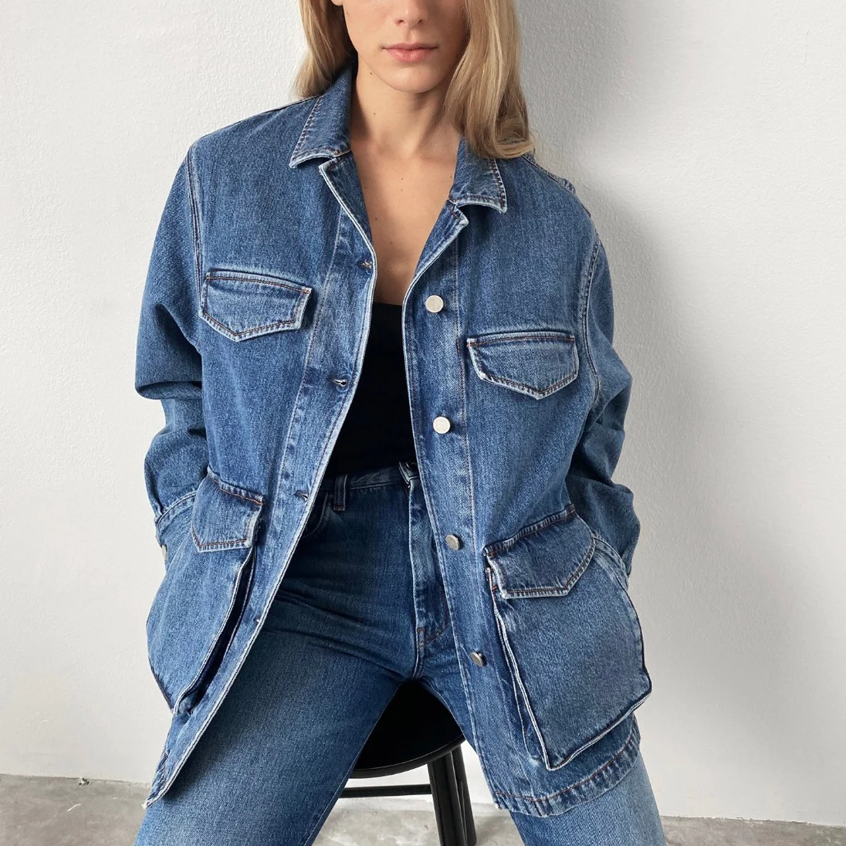 

Flap Pockets Solid Jackects Woman Autumn Long Sleeve Turn Down Collar Jean Coats Vintage Classic Army Denim Jackets Tops