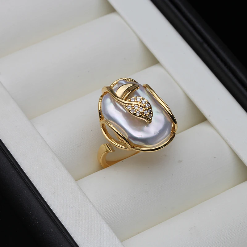 

Natural Freshwater Baroque Big Pearl Rings For Women,Beautiful Wedding Rings 18k Gold Plated Adjustable Size