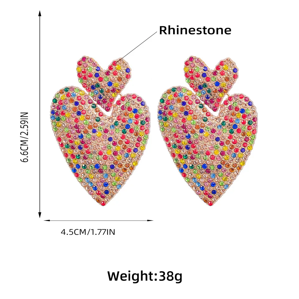 Luxury Bling Colorful Rhinestone Heart Earrings for Women Exaggerated Crystal Dangle Earrings Statement Jewelry Pendientes Gifts